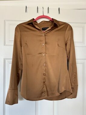Banana Republic Satin Button-Front Blouse in Camel Brown